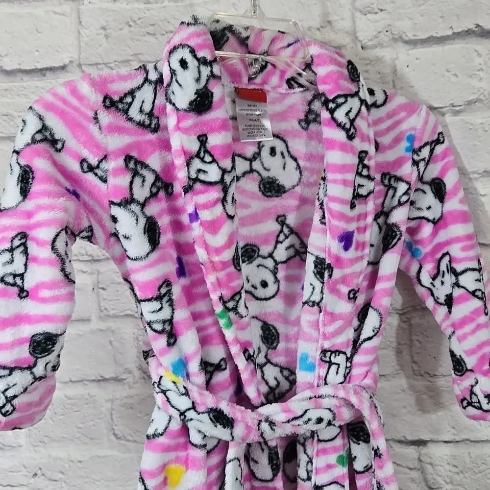 SNOOPY Girls Robe Plush Fleece Pink Striped Bathrobe Belted XS 4/5 Toddler Kids
